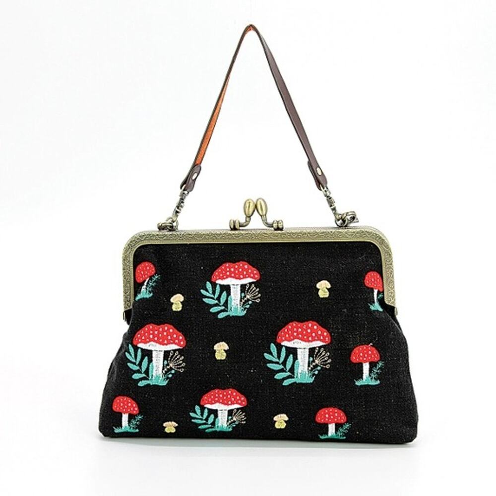 Mushroom Kisslock Bag Purse Black Red Cottage Core Vintage Style
